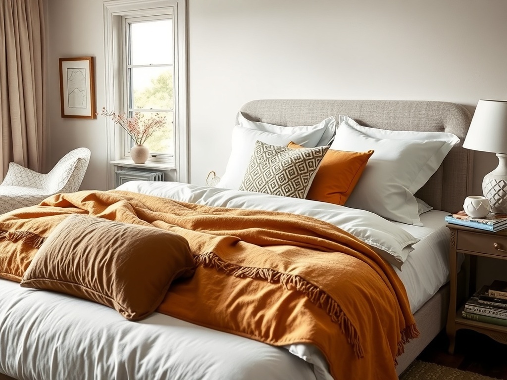 A cozy bedroom featuring layered textiles with soft linens, throw blankets, and decorative pillows.