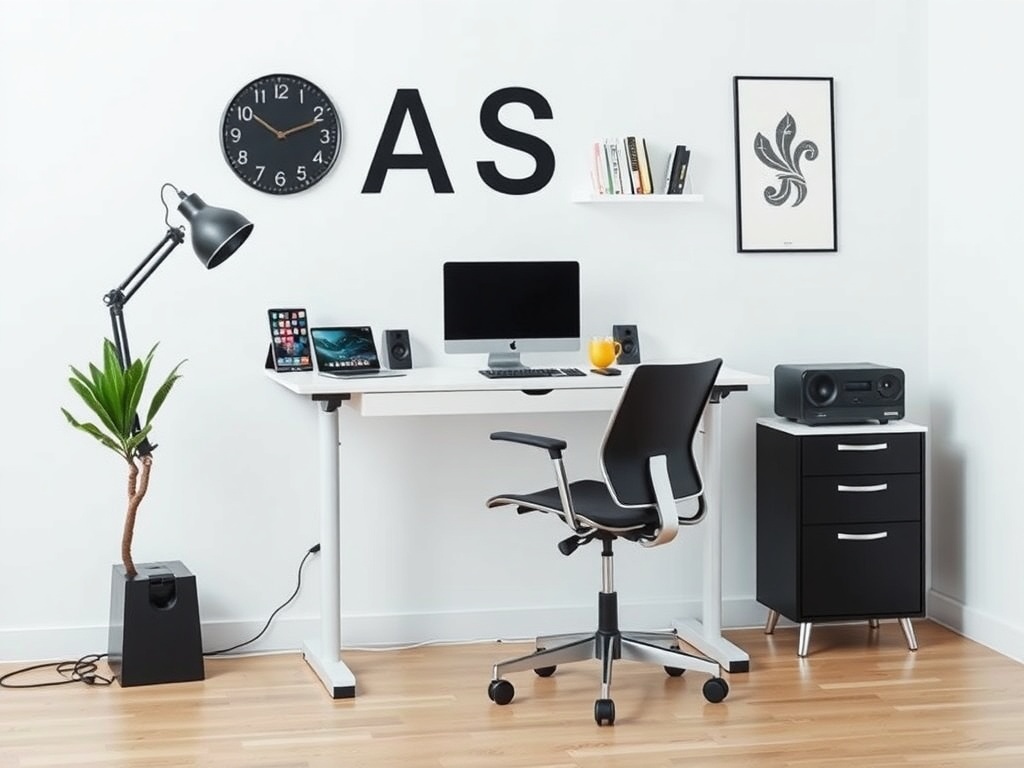 A modern ergonomic home office setup featuring an adjustable desk, a comfortable chair, and decorative elements.