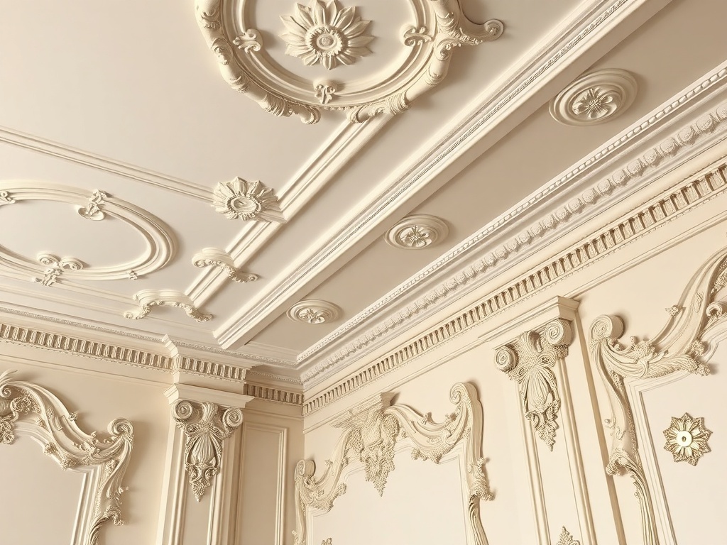 A beautifully designed living room featuring intricate molding and trim on the ceiling and walls, showcasing Rococo revival style.