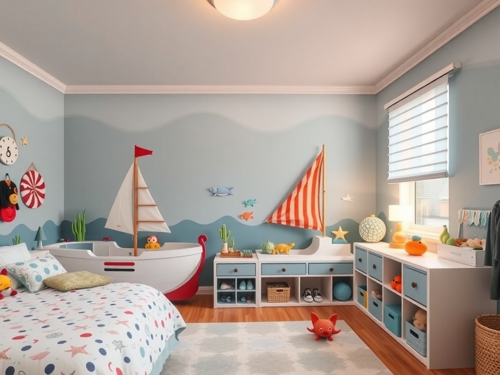 A colorful kids' ocean-themed bedroom featuring marine life storage solutions.