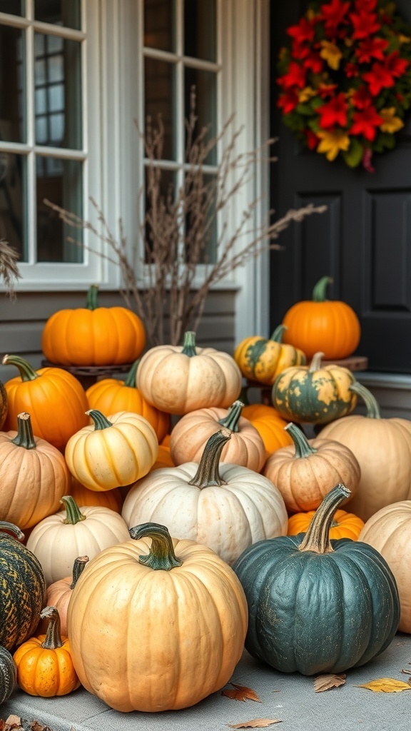 A collection of pumpkins in various colors and sizes displayed on a porch, with a seasonal wreath on the door.