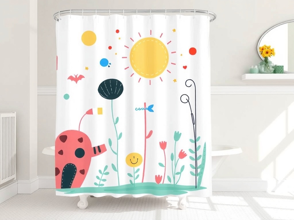 A colorful shower curtain featuring playful designs with cats, fish, and stars.