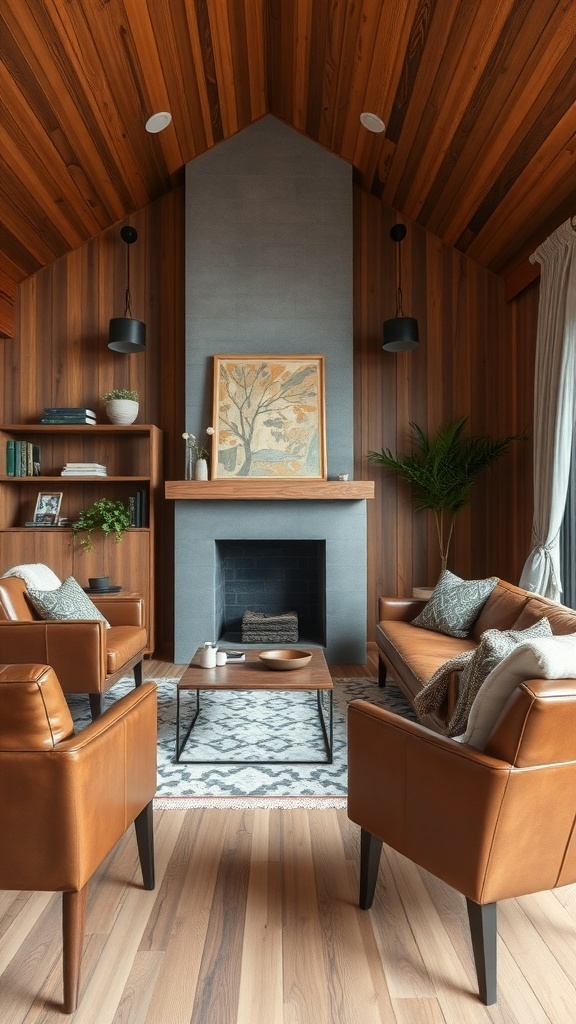 Mid-century modern living room with leather furniture, wooden accents, and cozy textiles.