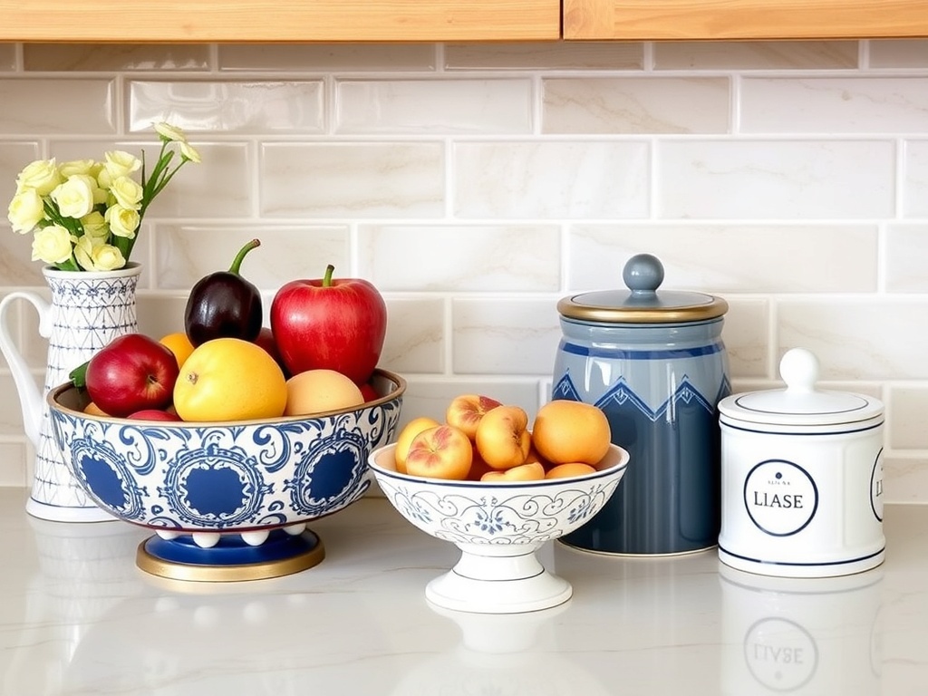Elegant countertop accessories including fruit bowls, canisters, and cutting boards