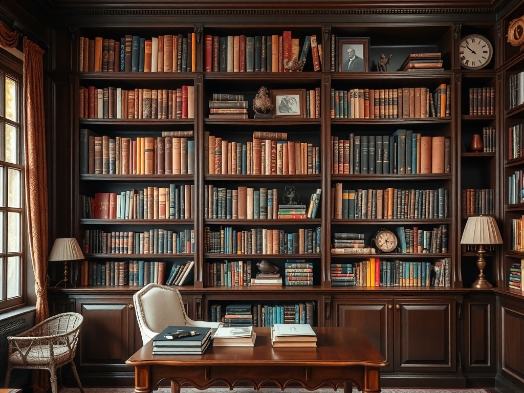 Victorian-style home office with dark wooden bookshelves filled with classic books.