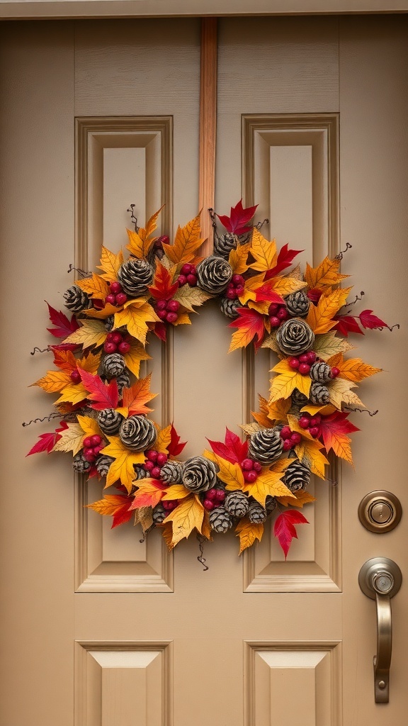 A fall wreath with orange and yellow leaves, pinecones, and red berries hanging on a front door.