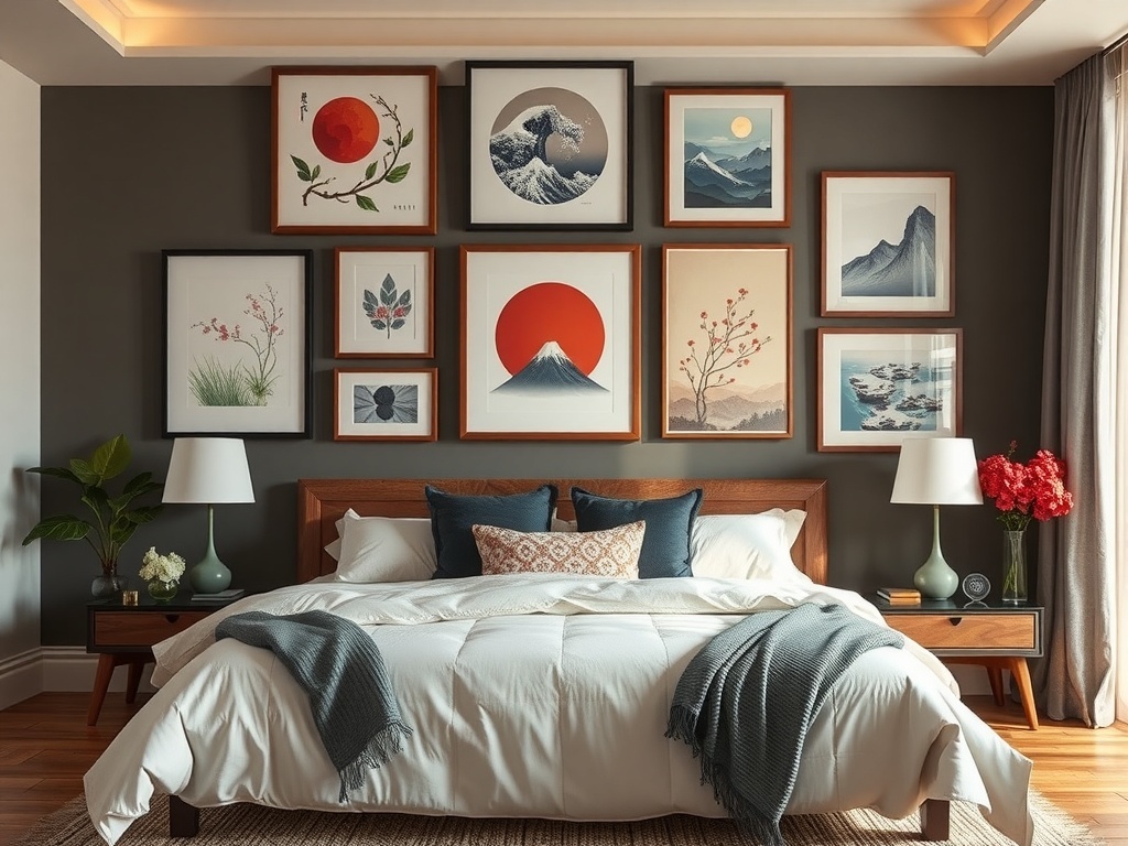 A stylish Japandi bedroom featuring artful wall decor with framed prints and a cozy bed.