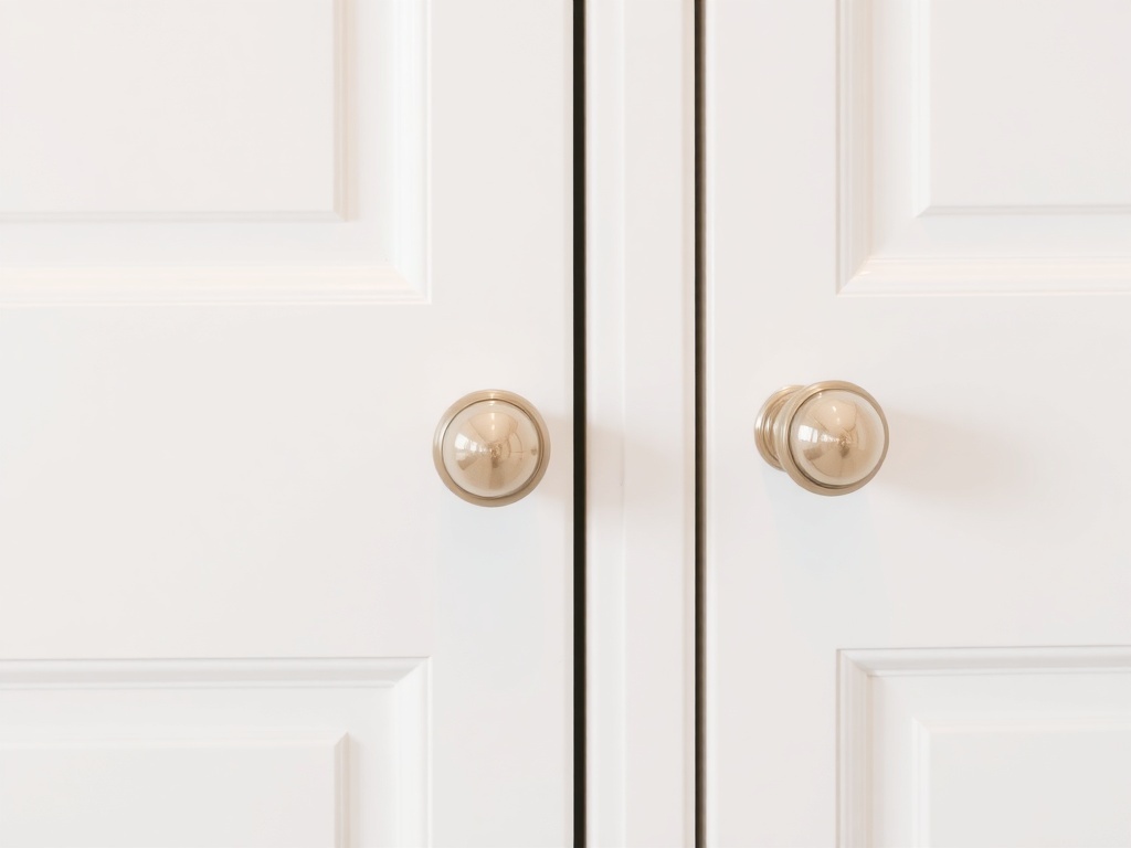 Stylish cabinet hardware on white kitchen cabinets