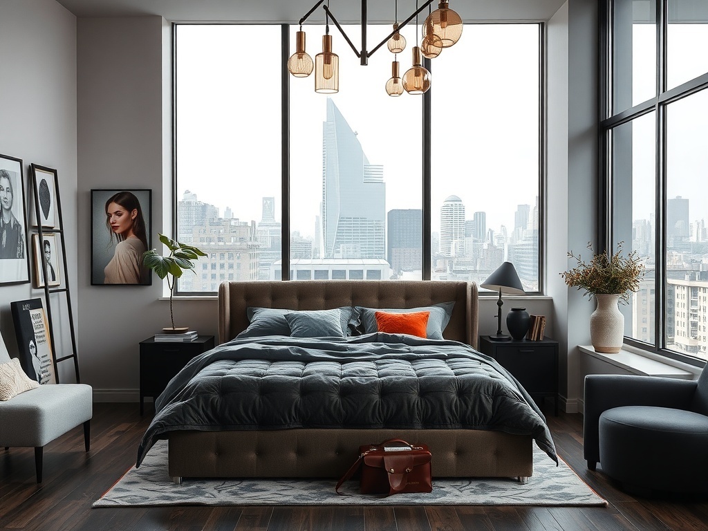 Luxurious urban chic bedroom with large windows, stylish bedding, modern furniture, and elegant decor.