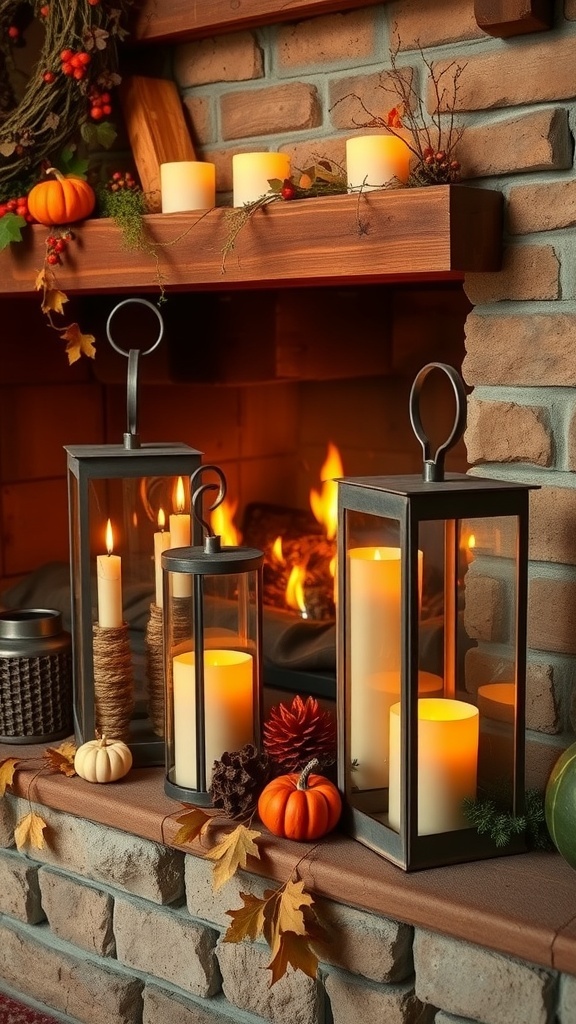Rustic lanterns with candles and autumn decorations on a fireplace mantel