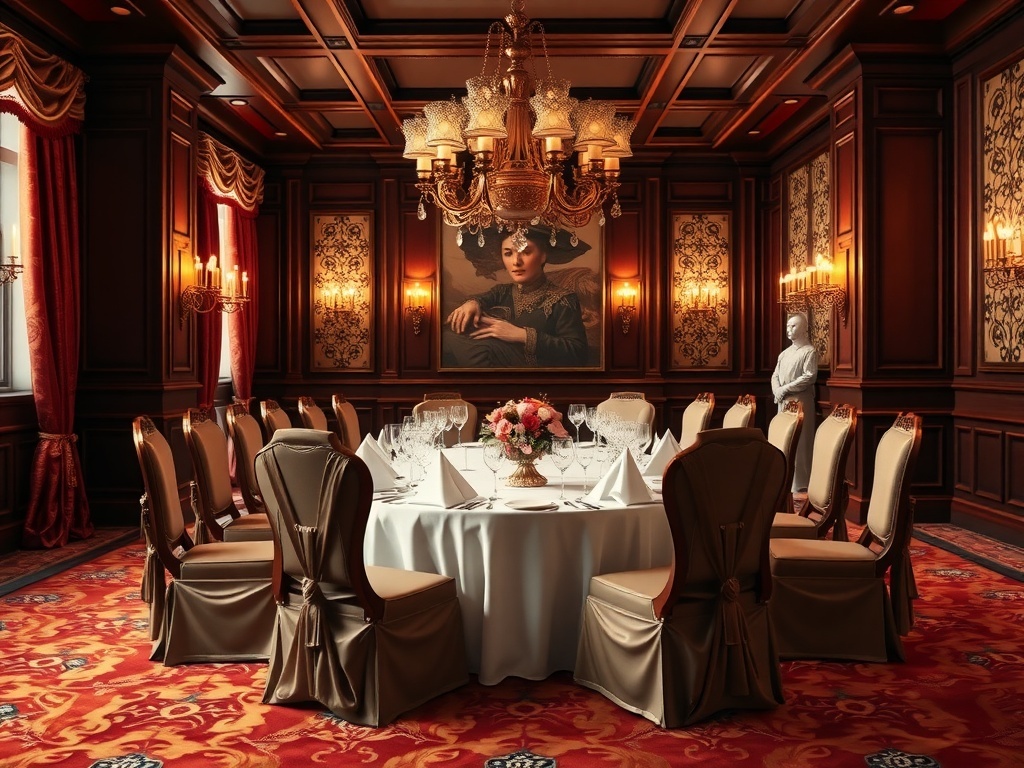 Luxurious dining room with silk drapes and elegant chair covers