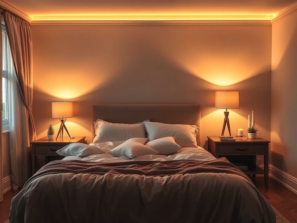 A cozy bedroom with warm mood lighting, featuring bedside lamps and LED strip lights.