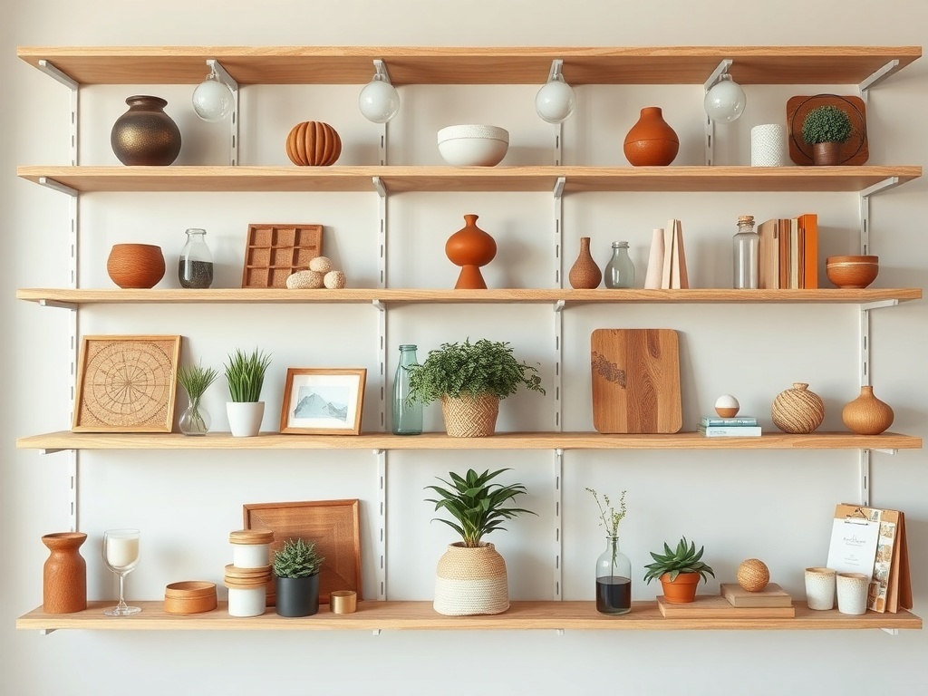 Open shelves styled with various items of different heights and depths, including vases, plants, and decorative objects.