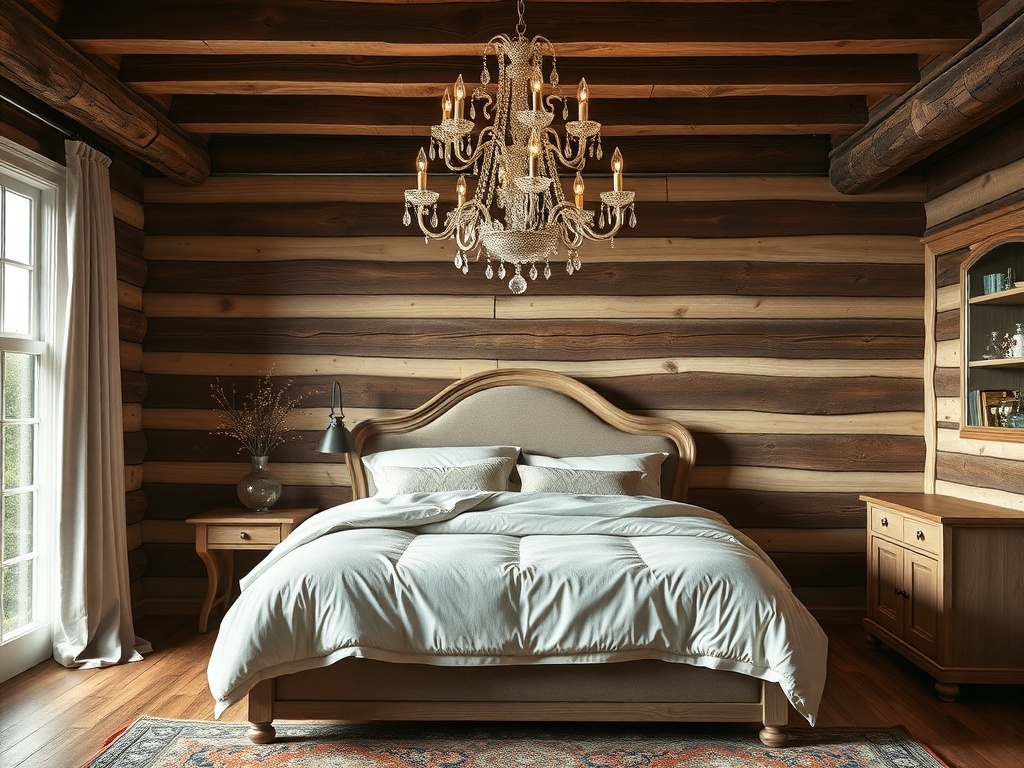A cozy farmhouse bedroom featuring luxurious bedding and an elegant chandelier.