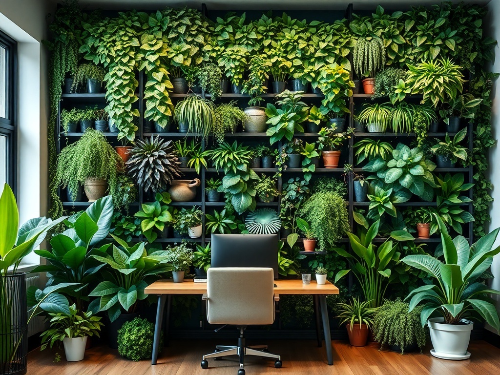 A home office with a green wall filled with various plants, showcasing a natural and refreshing workspace.