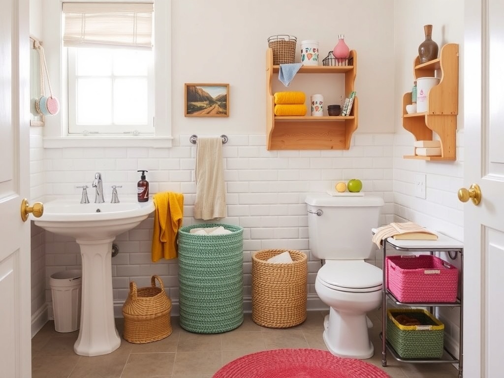A whimsical bathroom with colorful storage solutions including baskets and shelves.