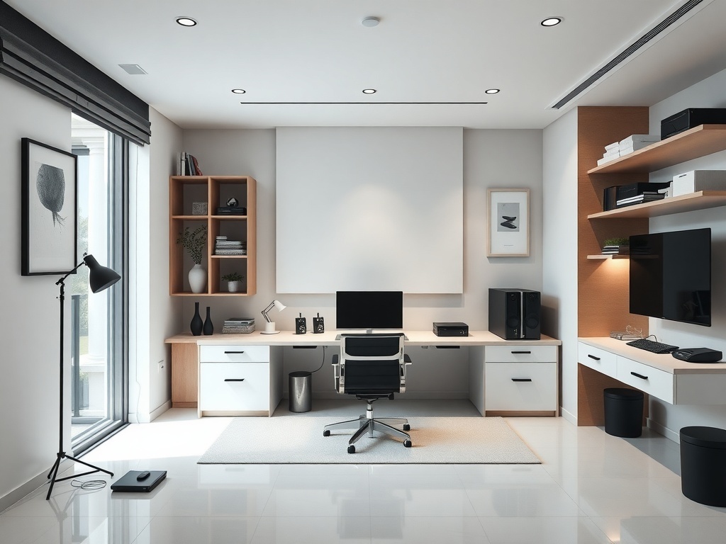 A modern minimalist home office with a desk, computer, and organized shelves.
