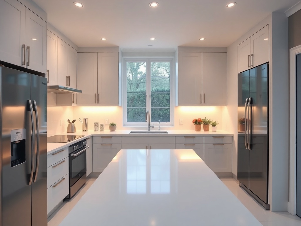 Modern luxury white kitchen with shiny white marble tiles and black appliances