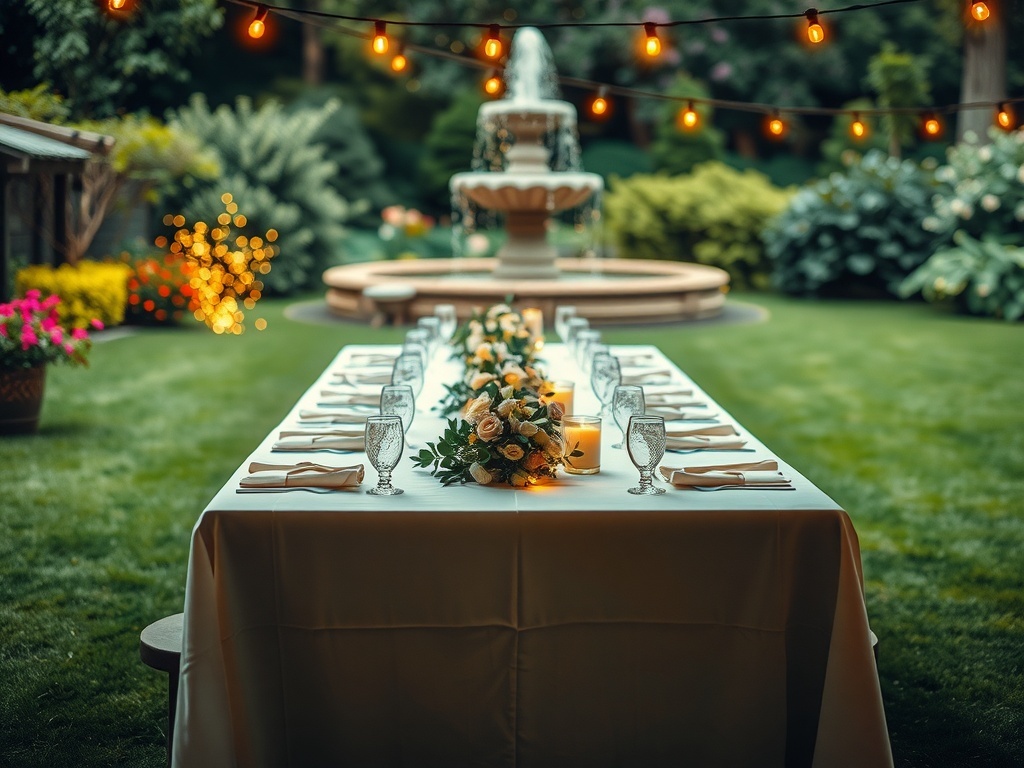 Long outdoor dinner table set for twelve, decorated with fairy lights, flowers, and a fountain in a lush backyard.