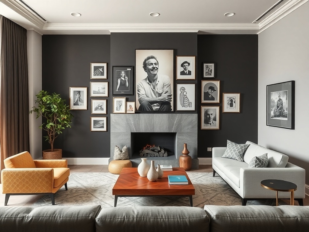 A cozy living room with a gallery wall, stylish furniture, and plants creating a focal point.