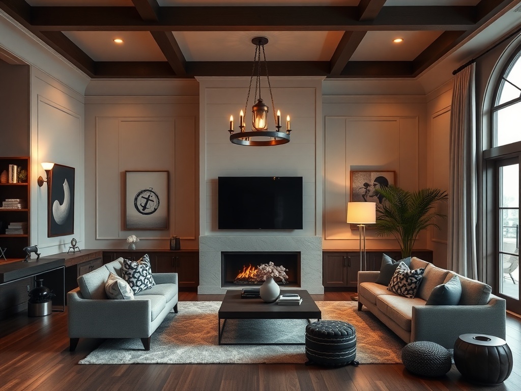 A chic nautical living room featuring a stylish chandelier, warm lighting, and elegant decor.