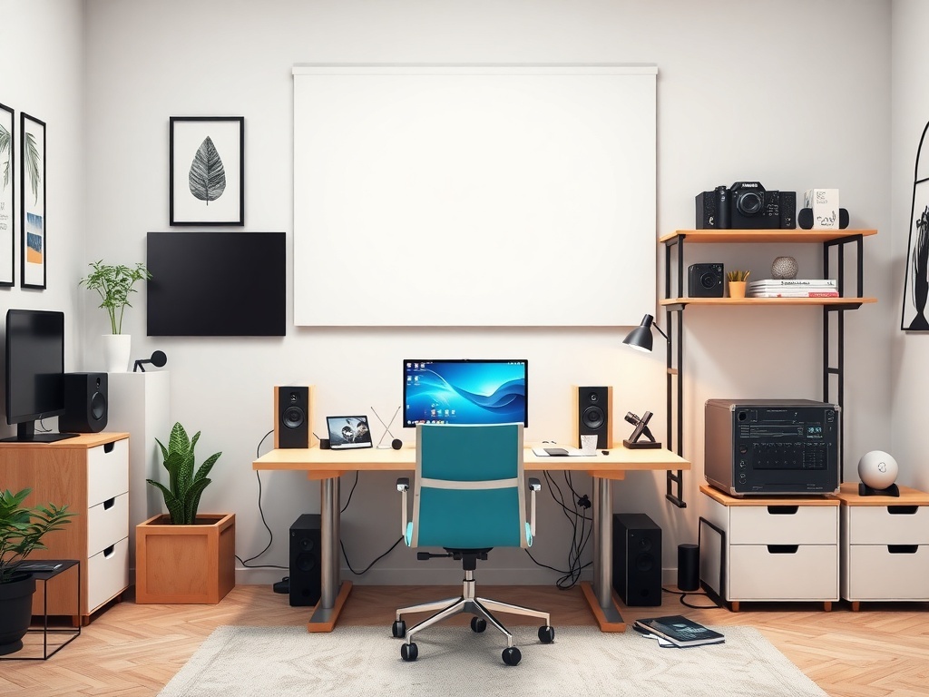 A modern home office featuring a desk with a computer, speakers, and a plant, complemented by stylish decor.