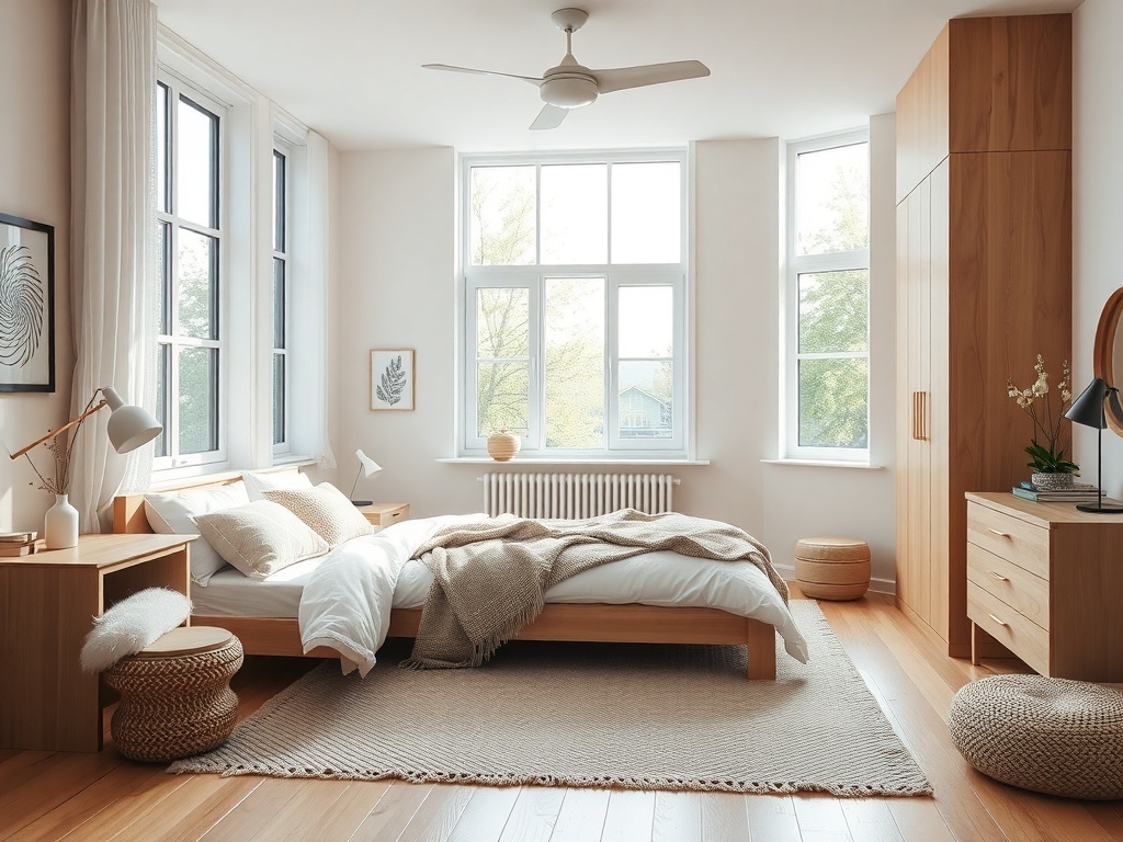 A modern Scandinavian bedroom featuring a neatly made bed, light wood furniture, large windows, and a cozy rug.
