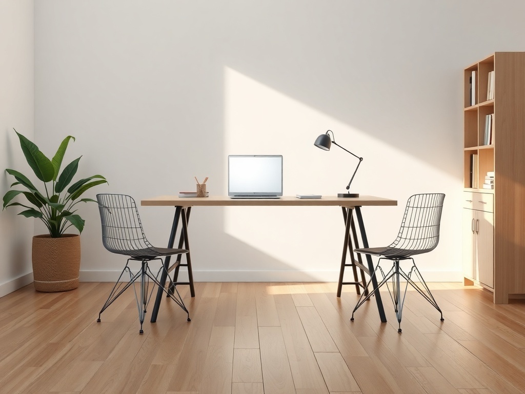 A minimalist industrial home office setup with a wooden desk, wire chairs, and a plant.