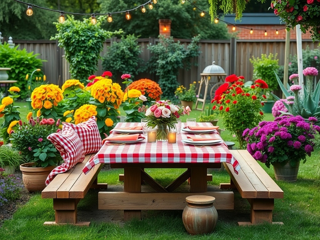 A rustic picnic style dinner table set up in a vibrant backyard filled with flowers and string lights.