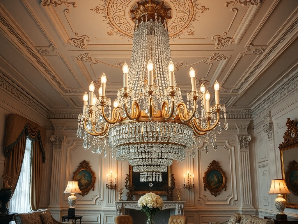 A grand chandelier with crystals and gold accents hanging in an elegant living room.