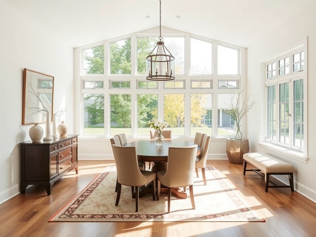 A bright dining room with large windows, wooden chairs, and a simple table setting.