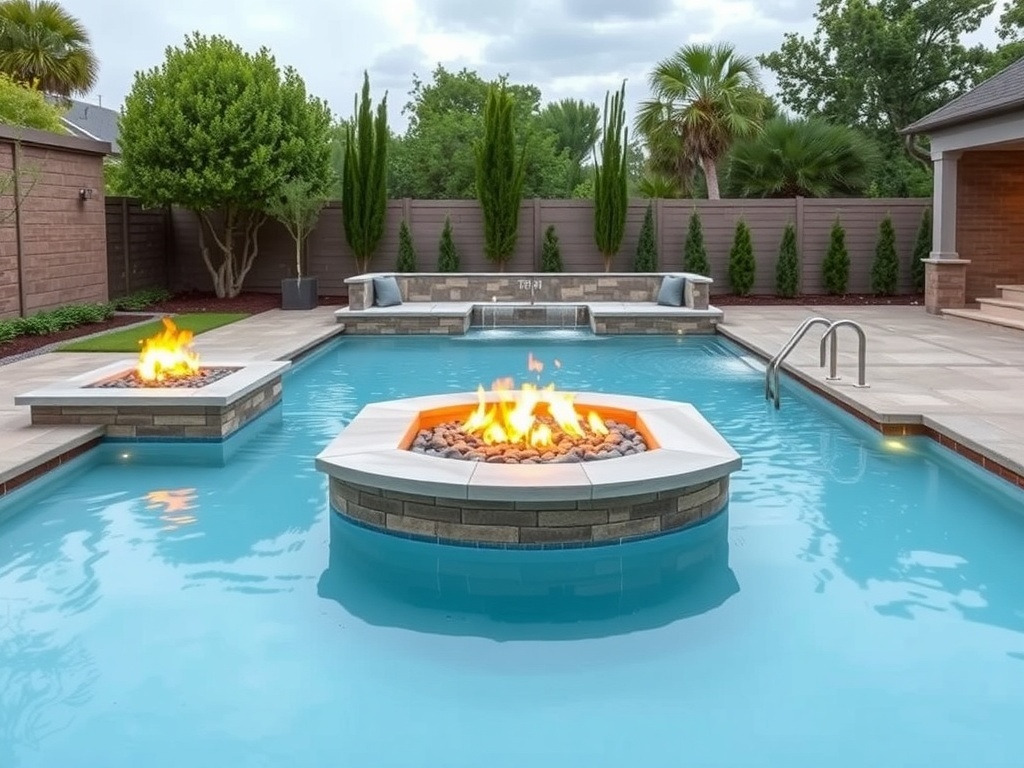A modern backyard pool with fire pits on either side, surrounded by greenery.