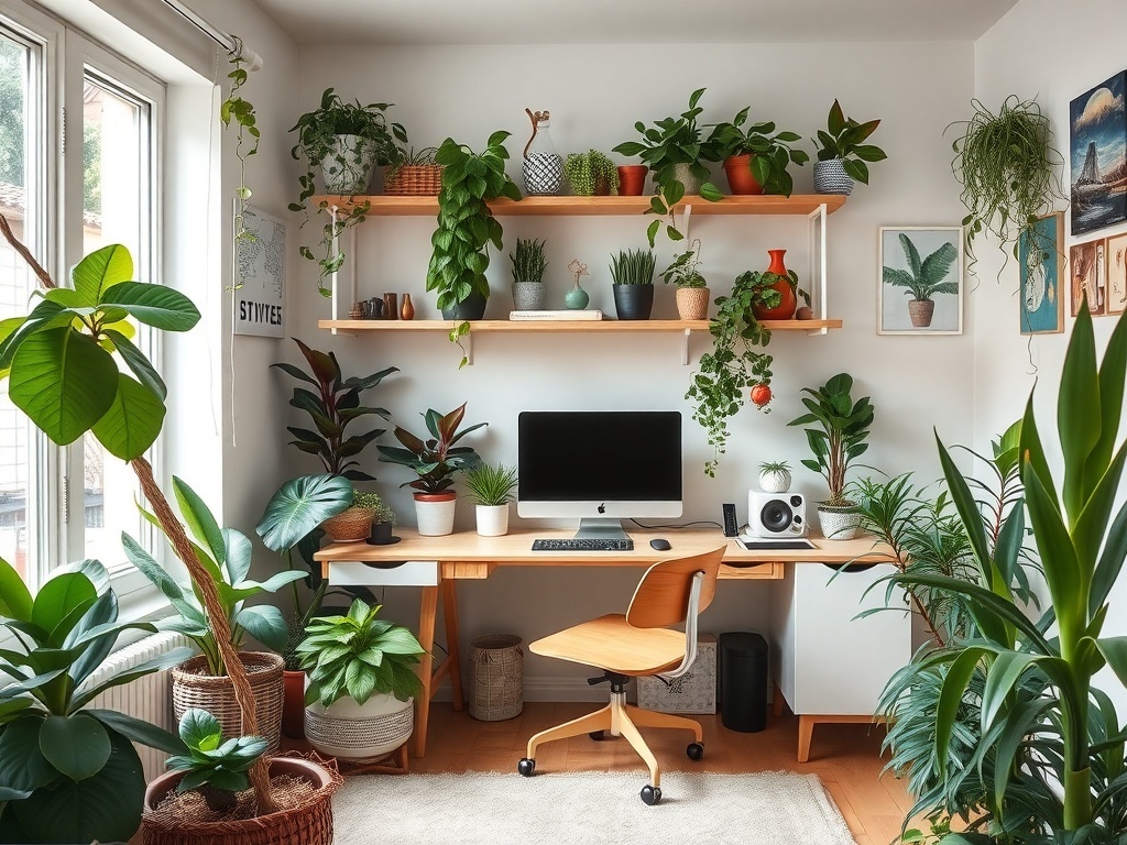 A small home office filled with various plants and a wooden desk.