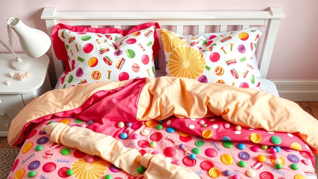 Colorful candy-themed bedding with pillows featuring candy designs.