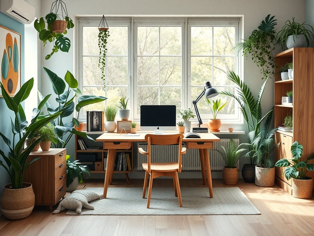 A modern home office with a nature-inspired design featuring various plants, a wooden desk, and large windows.