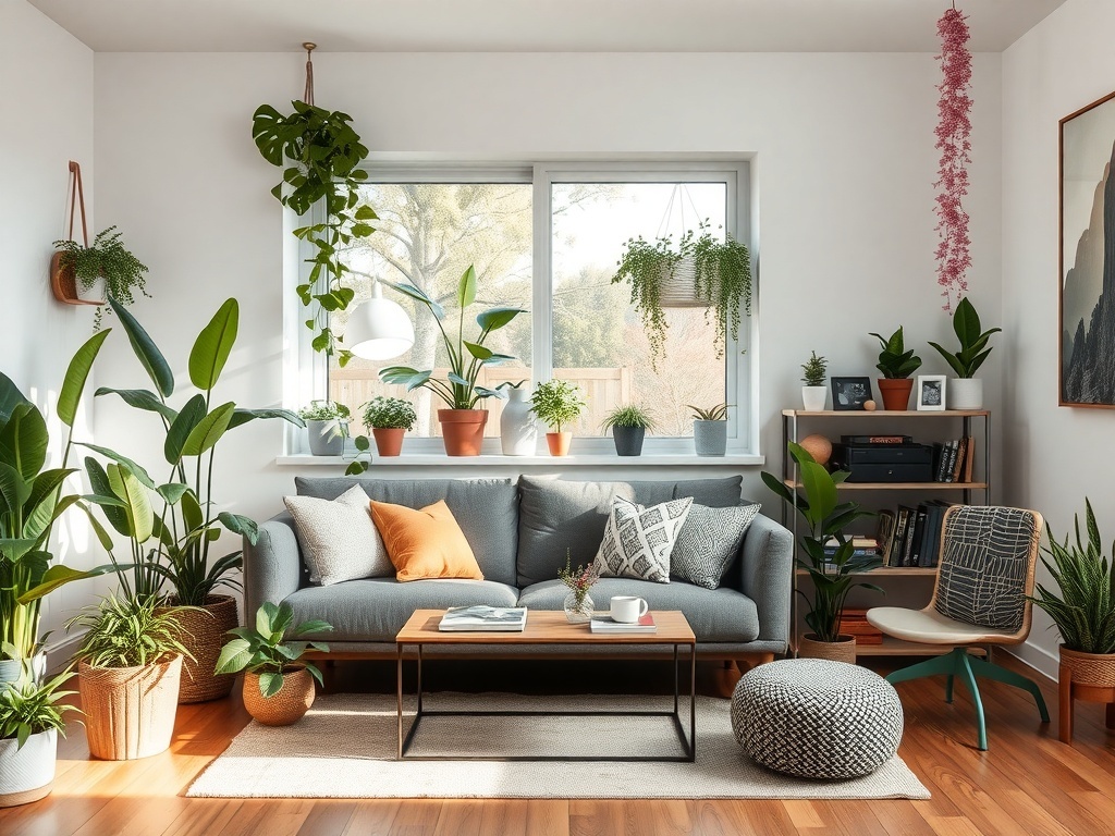A cozy living room filled with various indoor plants, showcasing a warm and inviting atmosphere.