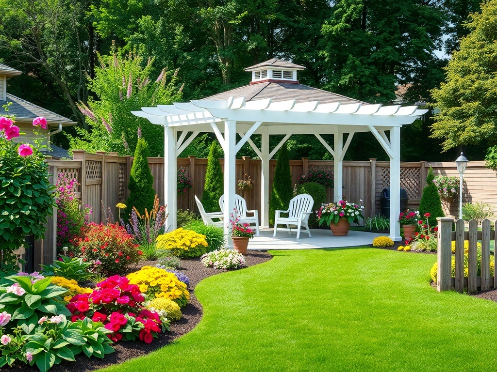 A sunlit garden with colorful flowers and lush green grass, featuring cozy gazebos.
