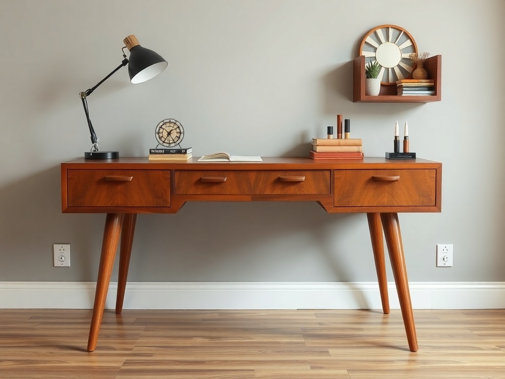 A mid-century modern wooden desk with a lamp and decorative items.