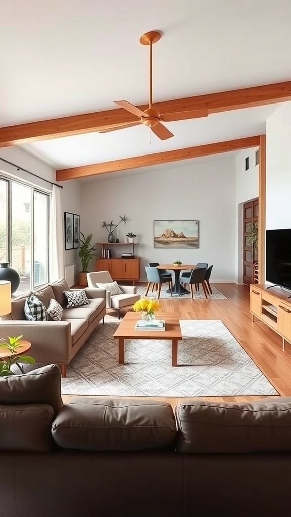 Mid-century modern living room with open floor plan and stylish furnishings.