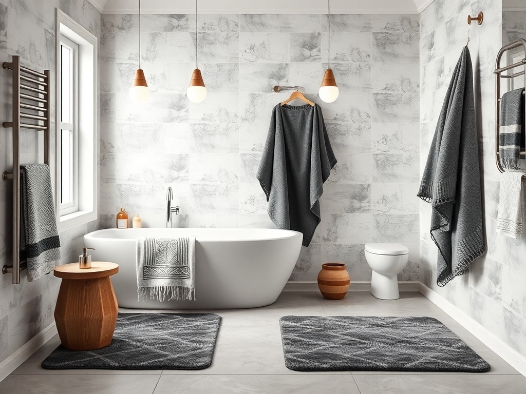 Stylish bathroom with gray mats and towels, modern fixtures, and a clean design.