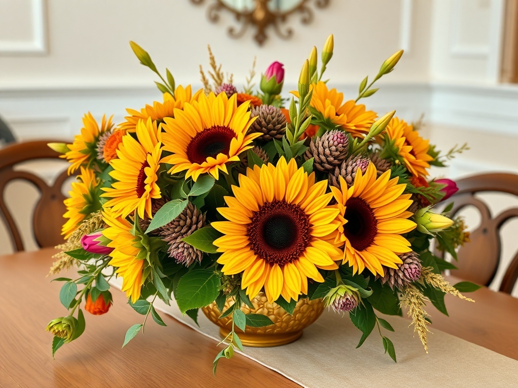 A vibrant floral centerpiece featuring sunflowers, pink buds, and pinecones arranged in a golden vase.