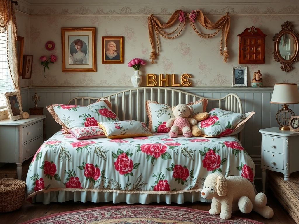 A cozy bedroom featuring a floral bed set with roses, soft toys, and vintage decor.