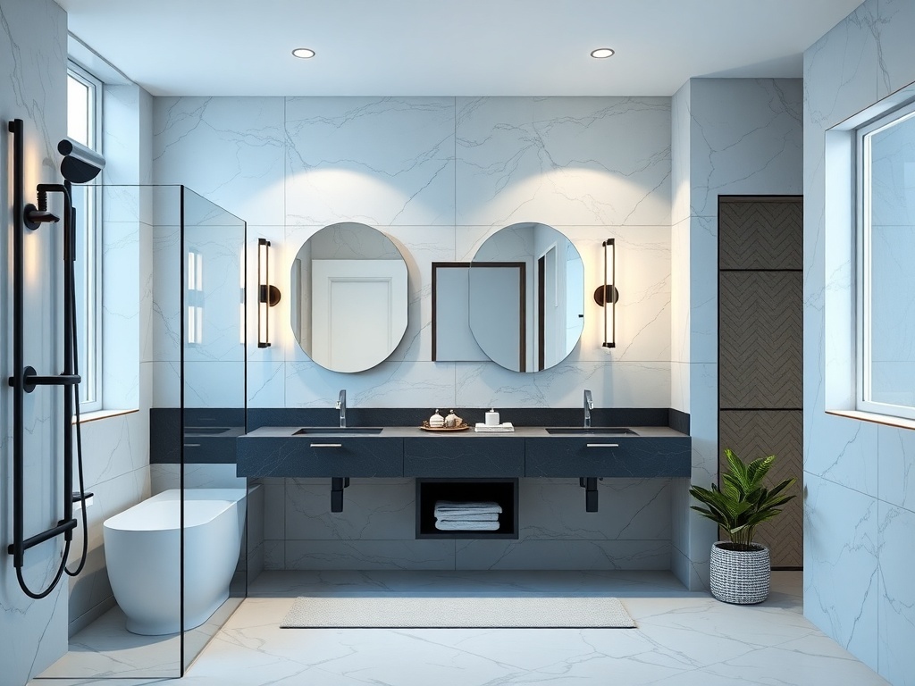 Modern bathroom with stylish lighting, featuring black and white decor.