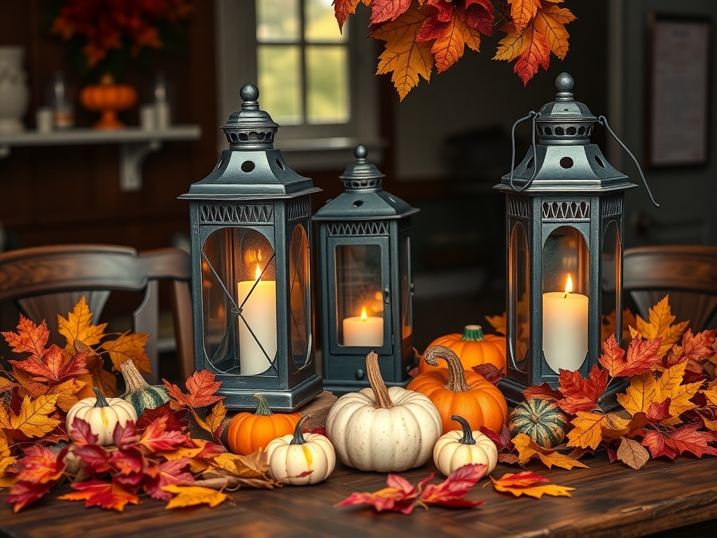 A cozy autumn centerpiece featuring vintage lanterns, colorful fall leaves, and small pumpkins.