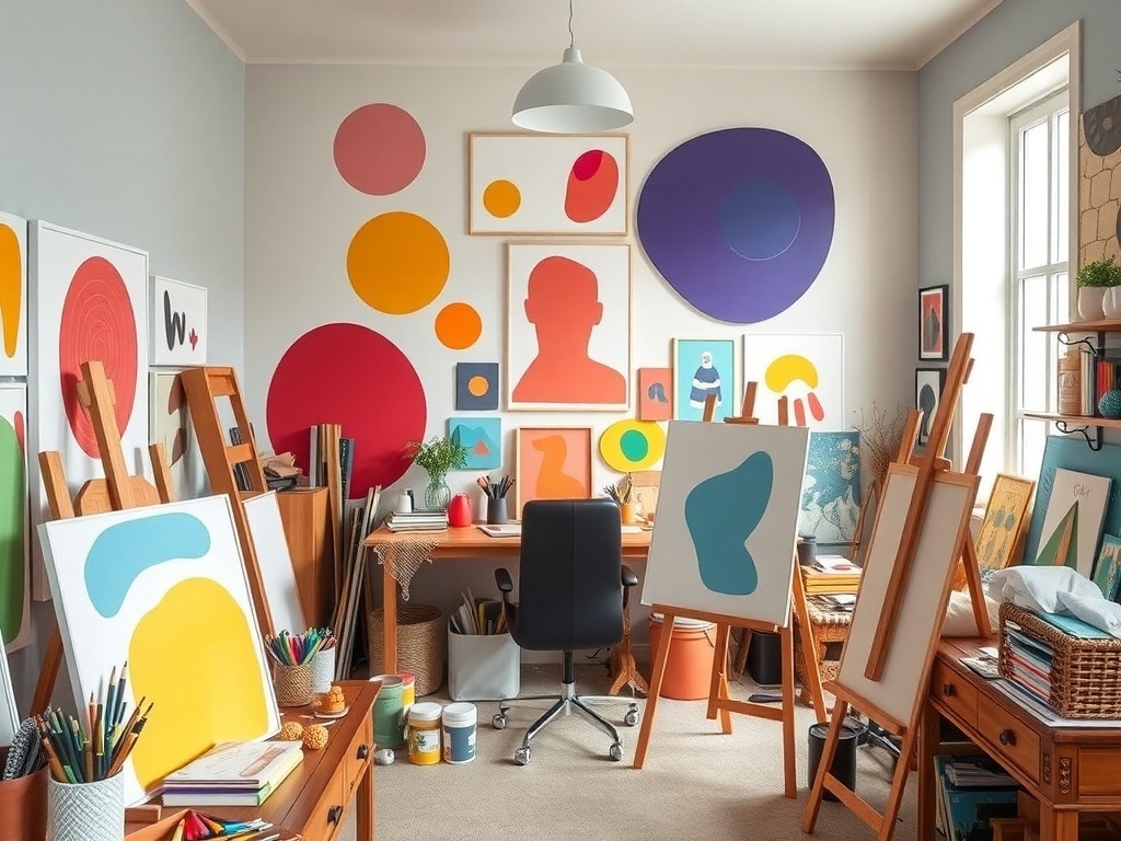 A bright and colorful artistic studio filled with easels, art supplies, and vibrant artwork on the walls.