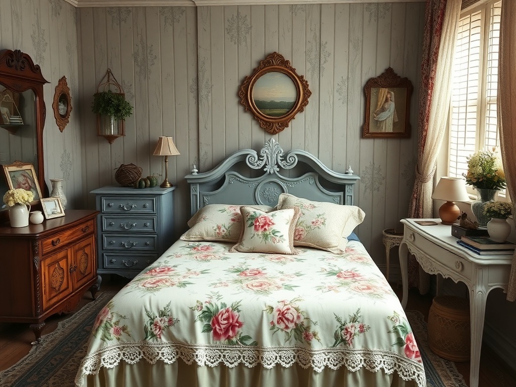 Vintage floral lace bed set in a cozy bedroom