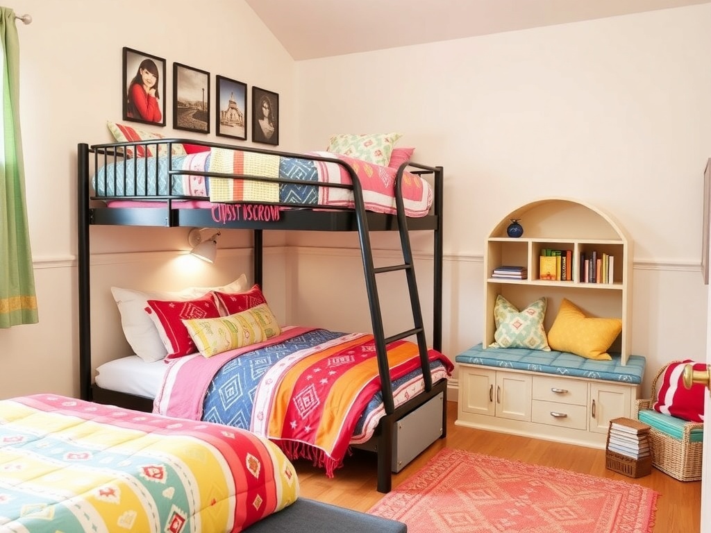 Twin over full bunk bed with colorful bedding and pillows in a cozy kids' bedroom.
