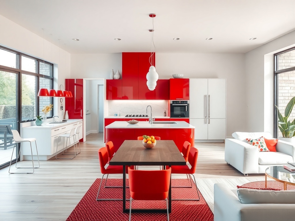 Luxurious red and white kitchen design with open concept layout.