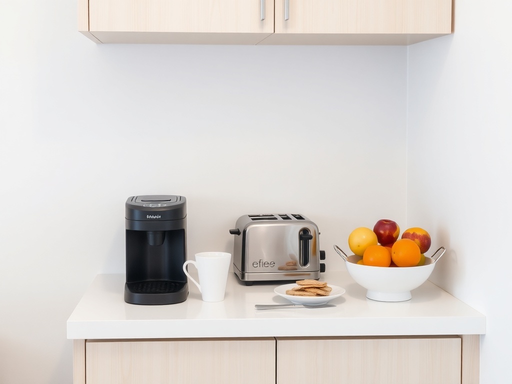 Compact coffee bar setup with a coffee maker, toaster, fruit bowl, and cookies on a white countertop.
