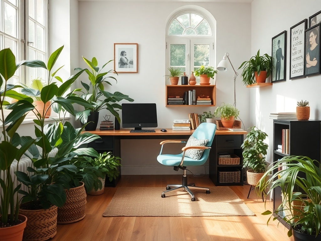 A cozy home office nook filled with plants, a desk, and natural light.